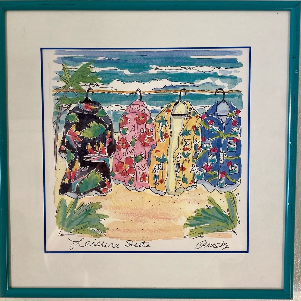 Signed Anne Ormsby “ Leisure Suits” Hawaiian Shirts with tropical background